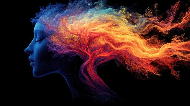 A creative brain illustration on a black backdrop with flowing tree-like patterns in rainbow colors symbolizing creative thinking