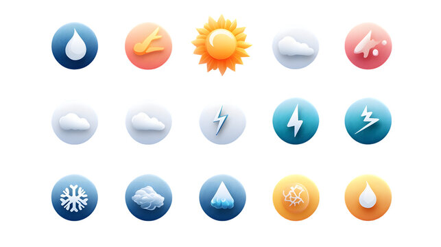 A set of 12 minimalist weather icons including sun, cloud, rain, snowflake, and lightning, isolated on a seamless white background