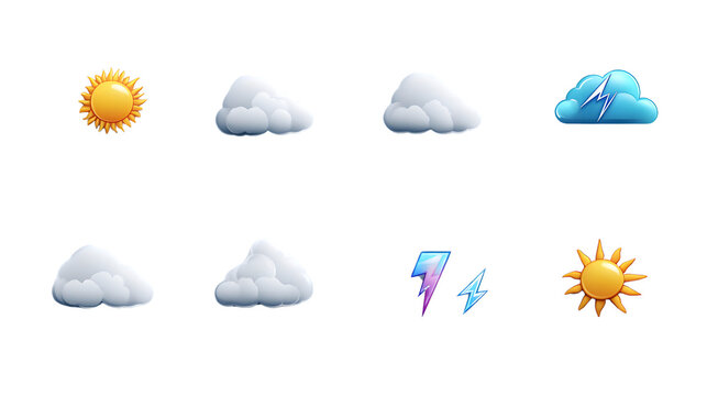 A set of 12 minimalist weather icons including sun, cloud, rain, snowflake, and lightning, isolated on a seamless white background