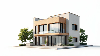 A contemporary twostory house, featuring large windows, wooden exterior accents, a patio, and landscaping. Clean lines and a minimalist design.