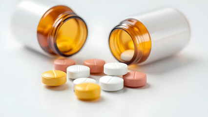 Spilled pills of various colors white, yellow, peach from two amber glass bottles with white labels onto a white surface. Closeup shot.