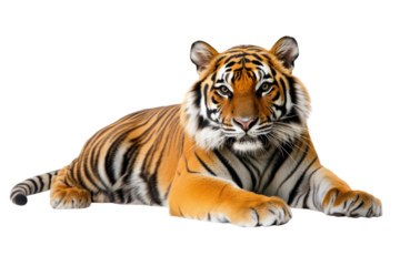 A majestic tiger lounging gracefully on a white isolated background, showcasing its powerful build and striking orange and black fur patterns.