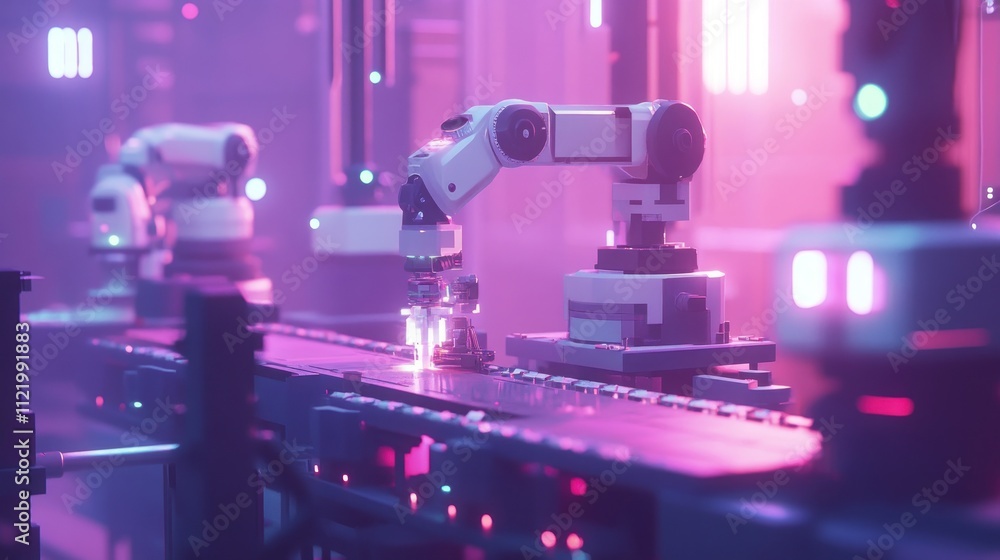 Poster robotic arms working in a futuristic industrial setting