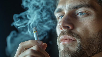 Fototapeta premium Man holding lit cigarette with smoke swirling around