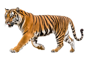 Obraz premium A majestic tiger walking confidently with a caught prey in its mouth, showcasing its powerful physique on a white isolated background.