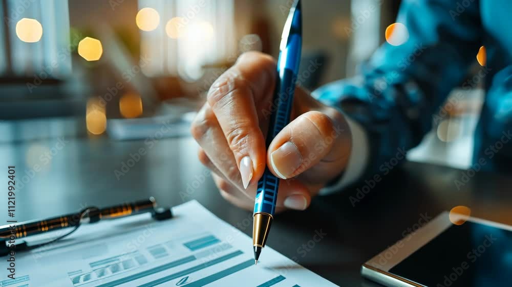 Poster hand writing on a document with a pen while preparing reports in a modern office setting. generative