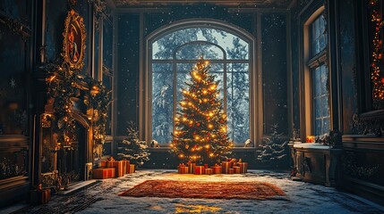 Obraz premium New Year's interior with Christmas tree castle 