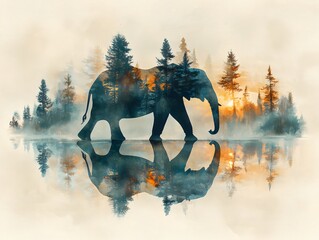A majestic elephant's silhouette walking through a misty forest at sunrise with a reflection in a double exposure painting, concept of conservation wildlife, World Elephant Day.