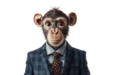 Fototapeta premium A monkey dressed in a stylish suit with a tie, showcasing a unique blend of animal and human fashion. Captivating and humorous.