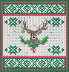 Imitation of knitted winter pattern with deer and holiday decoration. Norwegian style knitted sweater. Ugly sweater.