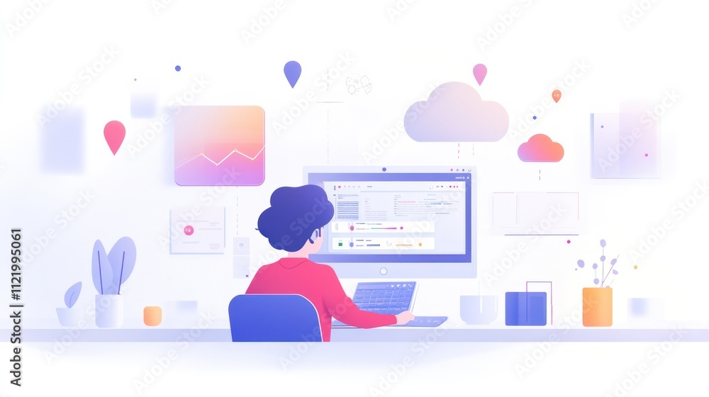 Poster person working on a computer with data visuals