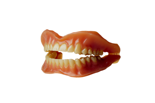 A quirky pair of novelty denture teeth displayed on a reflective surface, creating an amusing and playful visual with a white background.