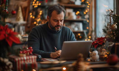 Obraz premium Man in a dark sweater writing on a laptop. Festive room with Christmas lights. Red poinsettias and wrapped gifts in the background. Warm atmosphere for holiday productivity