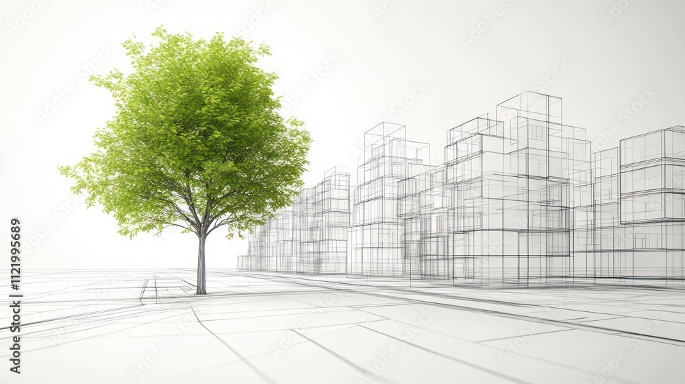 Poster drawing 3d architecture city building sketch lines with green tree on white background
