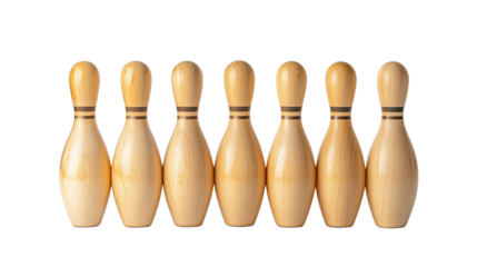 A set of ten bowling pins arranged in a classic formation isolated on transparent background (3)