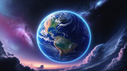 Obraz premium Ultra-high-resolution illustration of Planet Earth with a majestic mood suspended in a vibrant cosmic setting