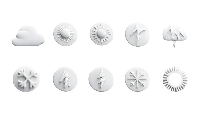 A set of 12 minimalist weather icons including sun, cloud, rain, snowflake, and lightning, isolated on a seamless white background