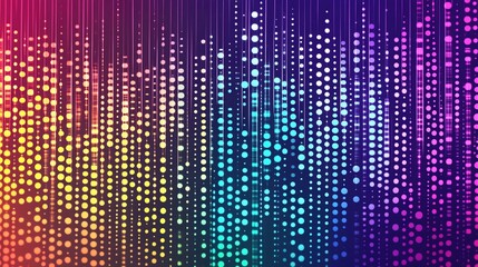 Abstract digital visualization with vertical lines and colorful dots in gradient shades of yellow, blue, pink, and purple resembling a soundwave 
