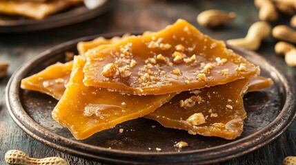 Golden shards of peanut brittle with caramelized edges, served on a rustic tin plate