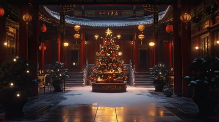 New Year's interior with a Christmas tree and garlands in China
