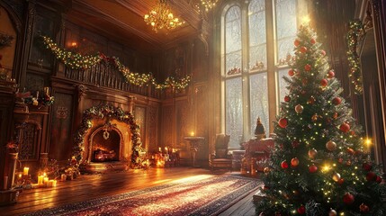 Fototapeta premium New Year's interior with a Christmas tree and garlands in China