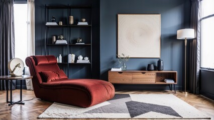 Fototapeta premium Generative AI, Modern living room with a rust-colored velvet chaise lounge, slate blue walls, and minimalist decor featuring eclectic and bold elements