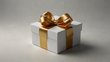 Fototapeta premium A white gift box with a gold ribbon and bow.