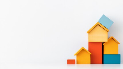 Colorful wooden building blocks arranged in a playful stack on a clean white background, symbolizing creativity and childhood development in educational playtime.