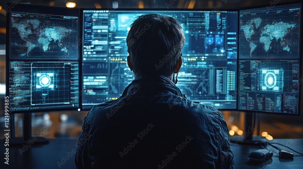 Poster person working at multiple computer screens with data visuals
