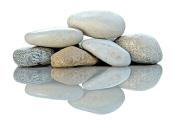 Fototapeta premium A stack of smooth pebbles reflecting on a surface, showcasing natural textures and colors. Ideal for backgrounds or nature-themed designs.