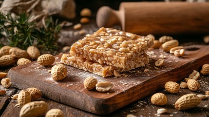 Fototapeta premium Rustic kitchen scene featuring peanut brittle on a cutting board, surrounded by fresh peanuts and a rolling pin