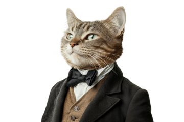 A stylish cat dressed in a formal outfit with a bow tie, exuding elegance and charm. Perfect for whimsical or humorous themes.