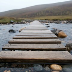 Serene Pathway Over Tranquil Waters with Stones and Lush Hills in the Background, Perfect for Nature and Landscape Photography Inspiration