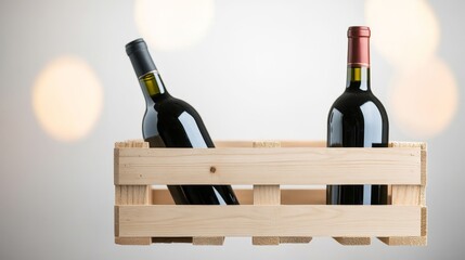 Two Elegant Wine Bottles in a Wooden Crate with Soft Bokeh Background Ideal for Wine Branding, Marketing, or Tasting Events Showcase