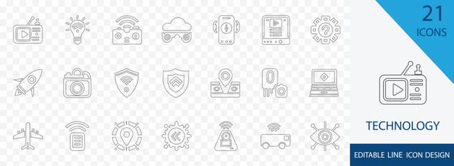  Technology essential line icon set. containing automation, robotics, IoT, 5G, drones, geolocation, virtual reality and more stroke illustration