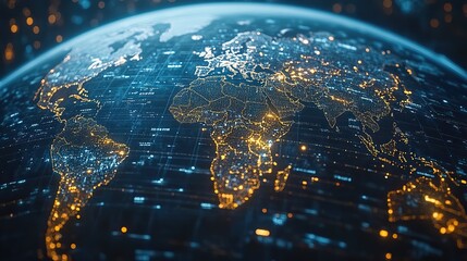 A digital representation of Earth showcases a network grid, symbolizing the essential themes of global communication and advanced information technology