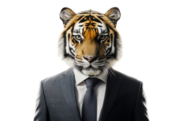 A unique blend of human and animal characteristics, featuring a tiger's head on a suited figure, symbolizing power and majesty.