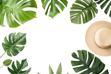 A vibrant arrangement of tropical leaves surrounding a stylish sun hat on a black background, perfect for summer vibes and nature themes.