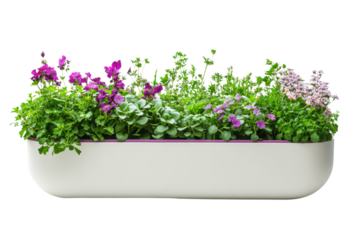 A vibrant assortment of colorful flowers and greenery in a modern planter, set against a white isolated background.