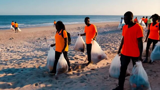 Un grupo de personas recolectando basura en la playa.