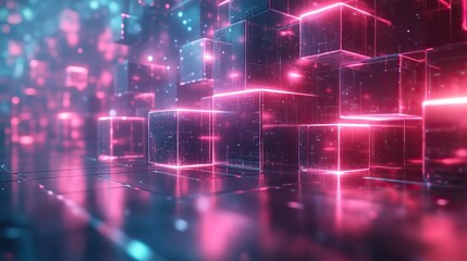 Obraz premium 3D cubes form an abstract wallpaper with neon textures, representing digital design and technology