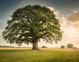 Fototapeta premium single big oak tree in field with perfect treetop under the white clouds and blue sky in the green field meadow sun light