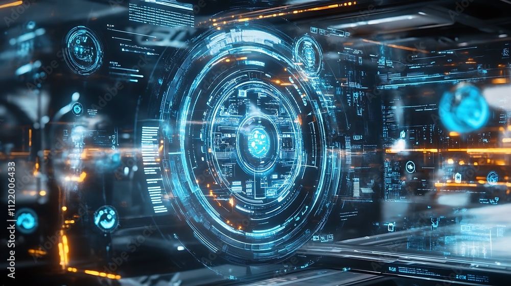 Poster a holographic logo within a futuristic interface, surrounded by floating icons and data streams