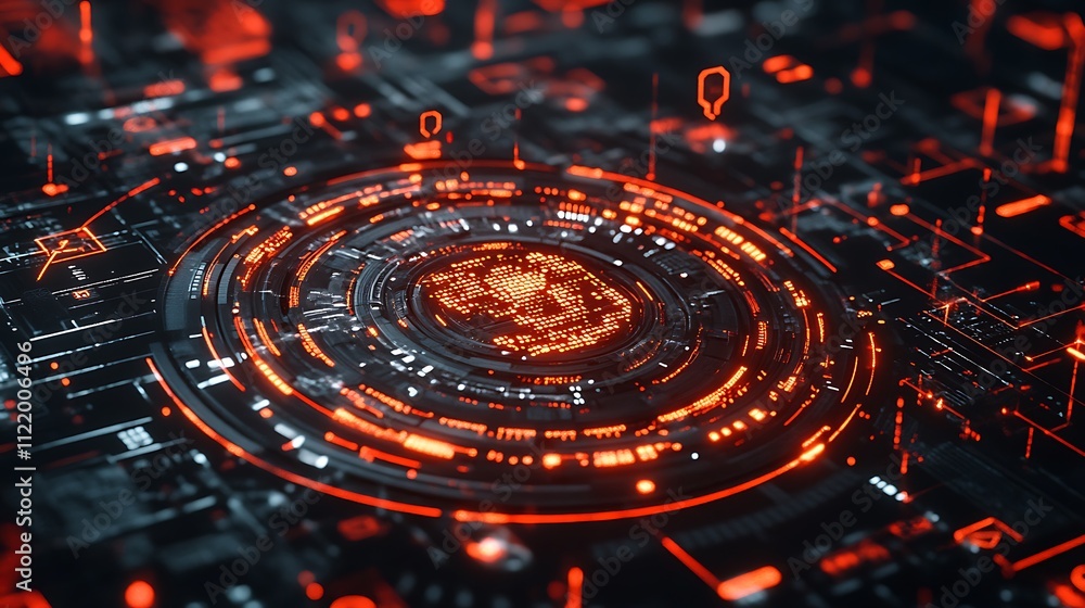 Poster a holographic logo within a futuristic interface, surrounded by floating icons and data streams