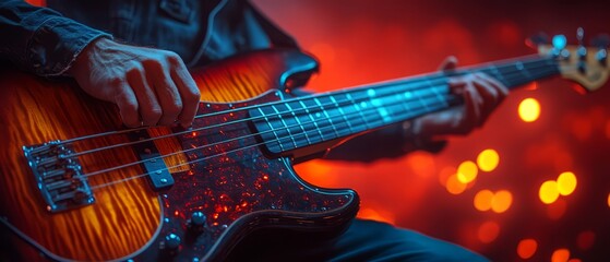 Obraz premium The concept of rock and classic music, hobby and work, energy, music festivals, and concerts is displayed while the bassist's hands play the melodic chords of the new song