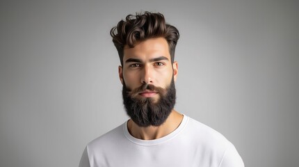 Fototapeta premium Handsome male model with beard, mustache and trendy hairdo. Beard and mustache haircut. Bearded man. Male beauty.