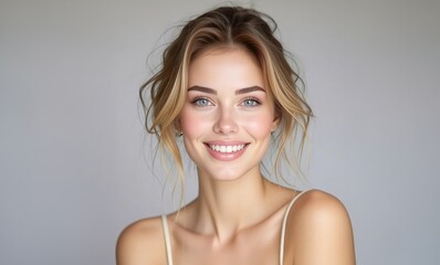 Fototapeta premium Happy smiling face. Beauty sensual woman portrait. Beauty portrait of a young cute woman. Gorgeous girl. Beautiful portrait of blonde model.