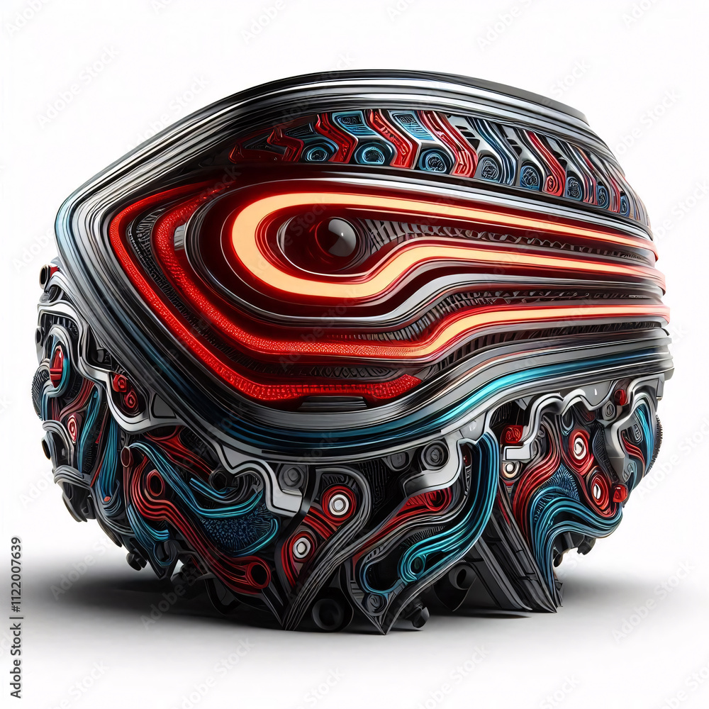 Poster a complex, organic-looking 3d object with a red glowing element and intricate details