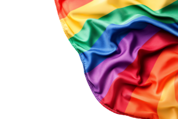 A vibrant rainbow flag gently flowing, symbolizing pride and inclusivity against a white isolated background.