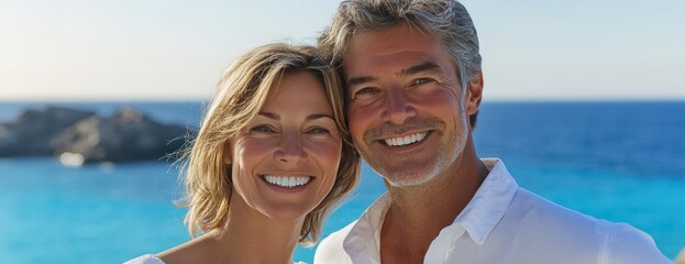 A man and a woman are embracing each other affectionately on the beach